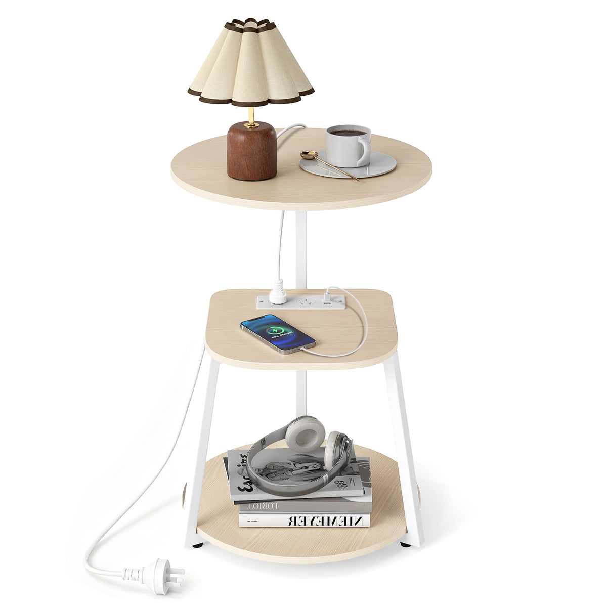 Round Side Table with Charging Station Small 3-Tier End Table Modern Rustic Nightstand