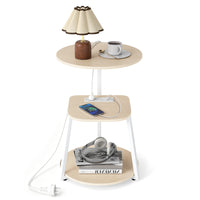 Round Side Table with Charging Station Small 3-Tier End Table Modern Rustic Nightstand