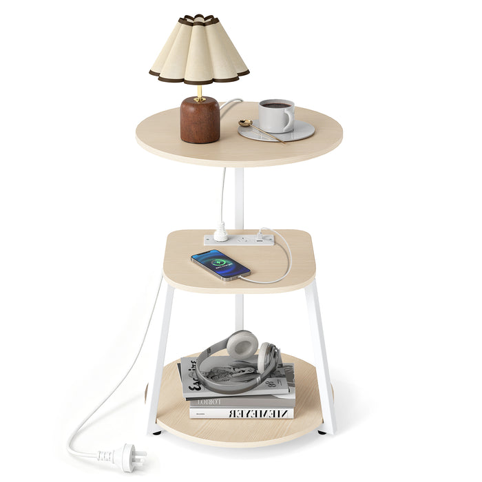 Round Side Table with Charging Station Small 3-Tier End Table Modern Rustic Nightstand
