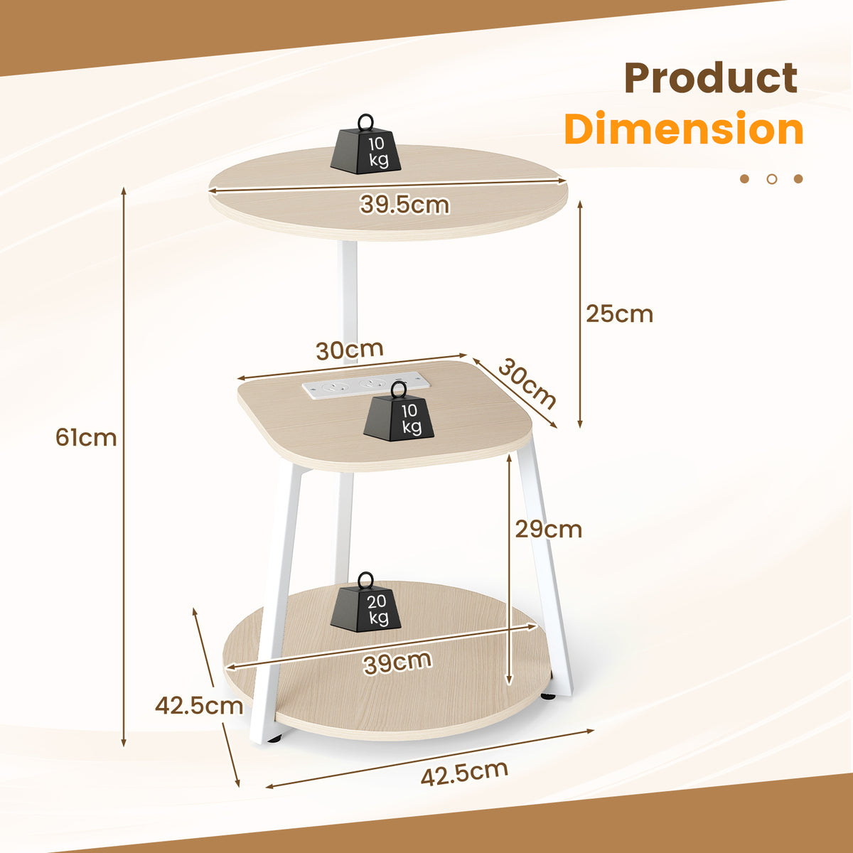 Round Side Table with Charging Station Small 3-Tier End Table Modern Rustic Nightstand