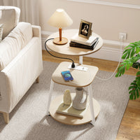 Round Side Table with Charging Station Small 3-Tier End Table Modern Rustic Nightstand