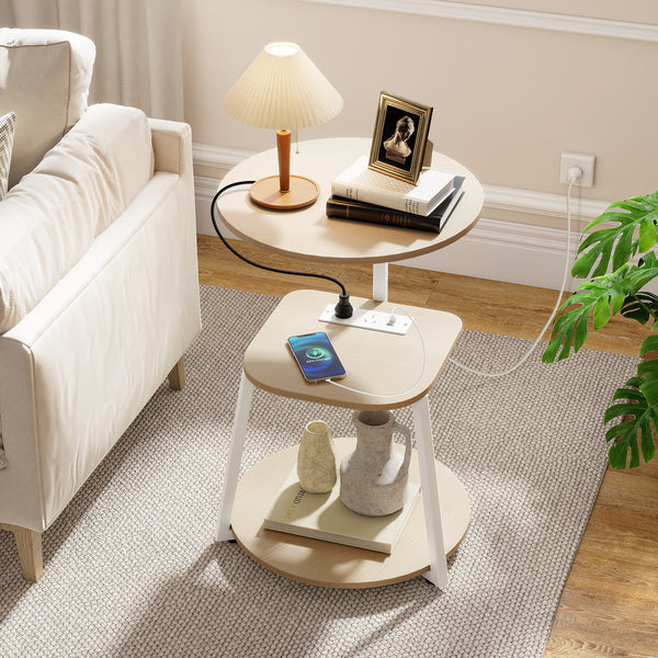 Round Side Table with Charging Station Small 3-Tier End Table Modern Rustic Nightstand