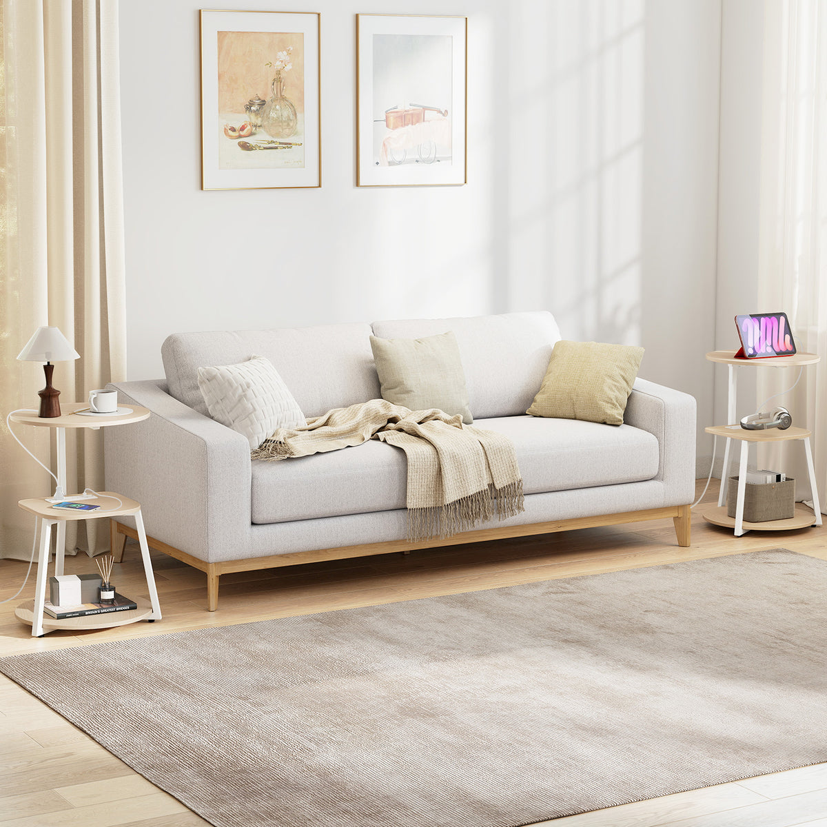 Round Side Table with Charging Station Small 3-Tier End Table Modern Rustic Nightstand