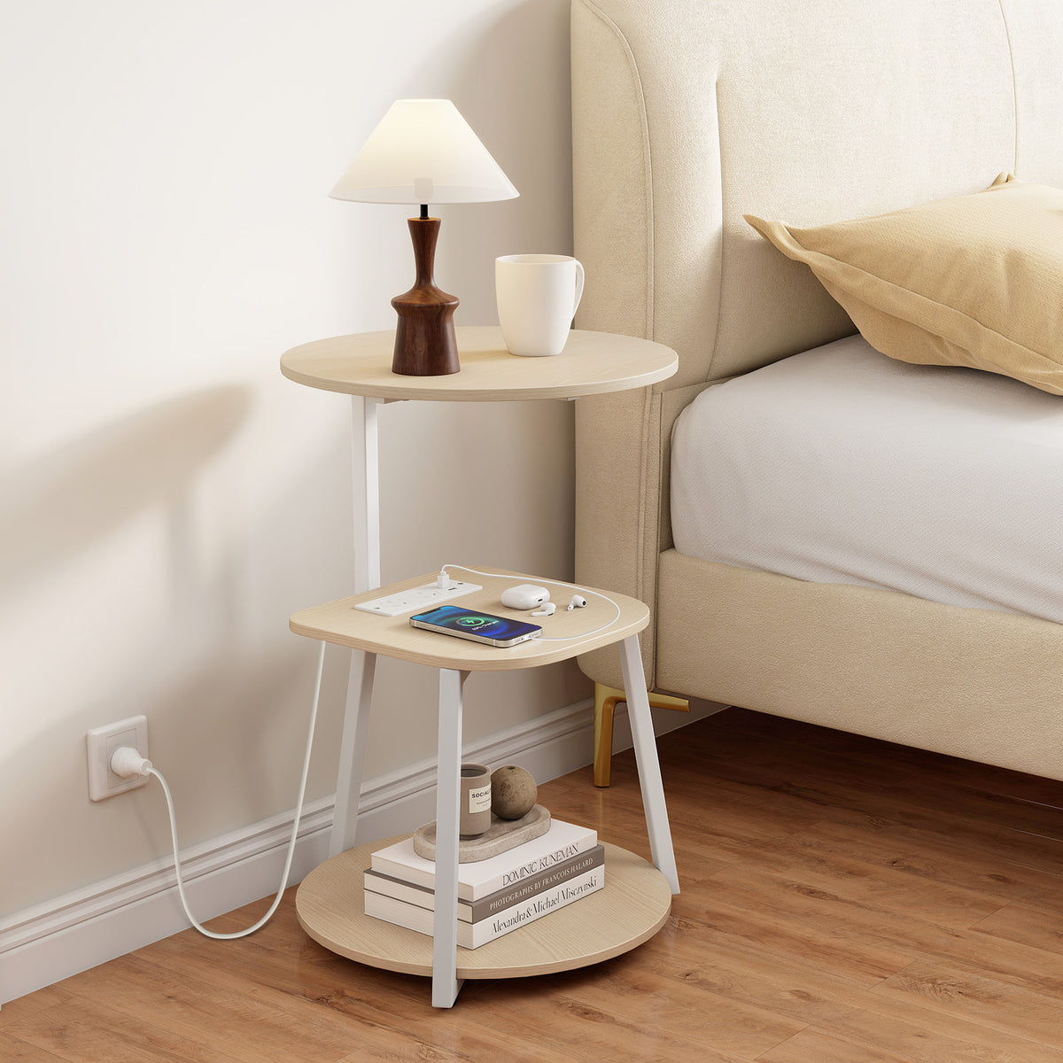 Round Side Table with Charging Station Small 3-Tier End Table Modern Rustic Nightstand
