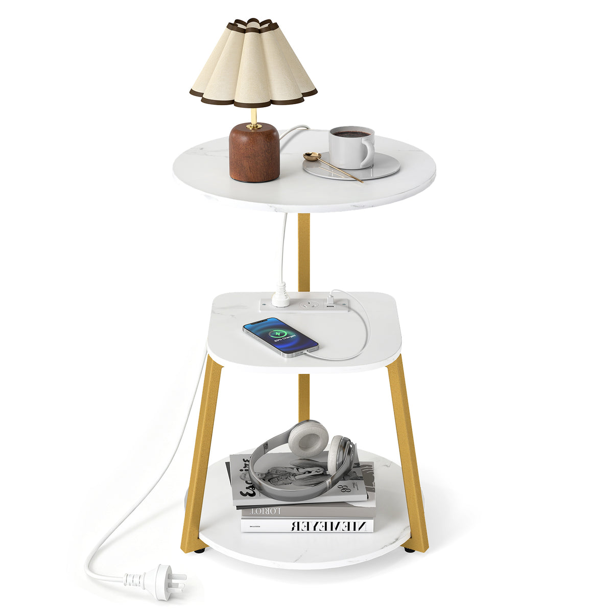 Round Side Table with Charging Station Small 3-Tier End Table Modern Rustic Nightstand