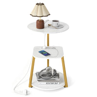 Round Side Table with Charging Station Small 3-Tier End Table Modern Rustic Nightstand
