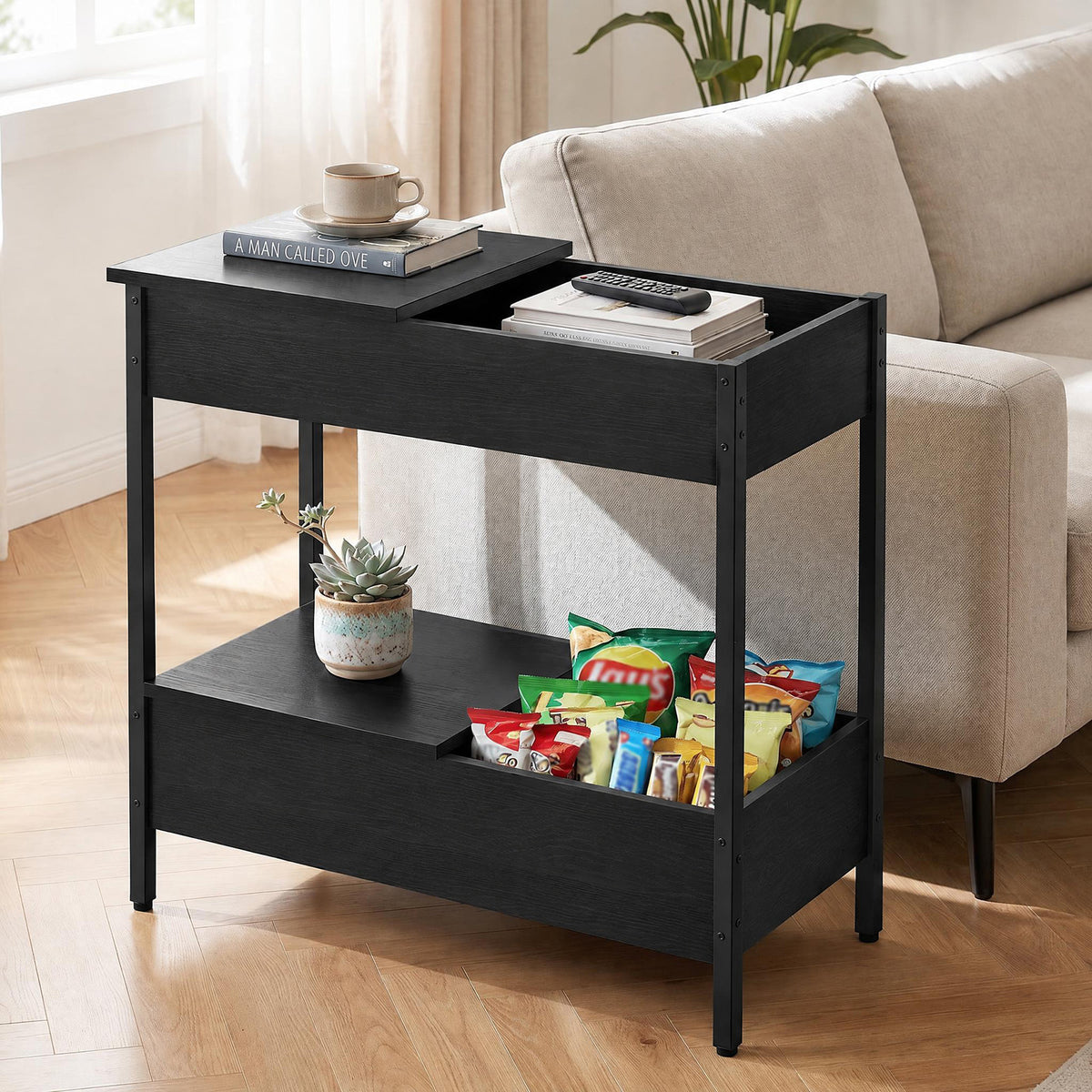 Narrow End Table with 2 Storage Shelves and 2 Removable Tabletops