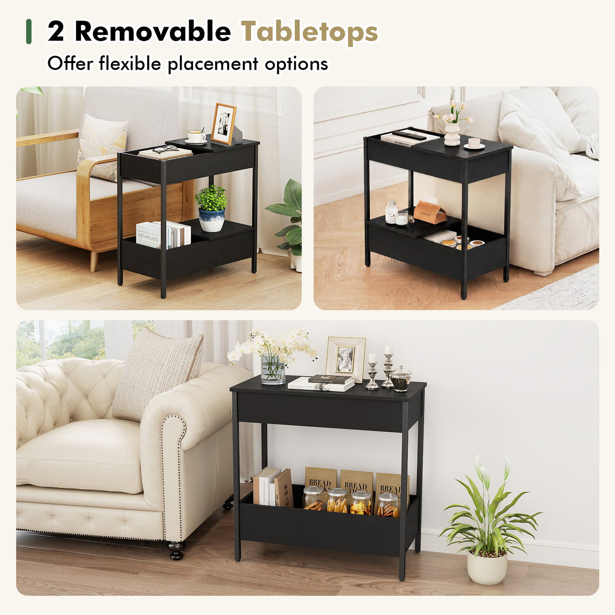 Narrow End Table with 2 Storage Shelves and 2 Removable Tabletops