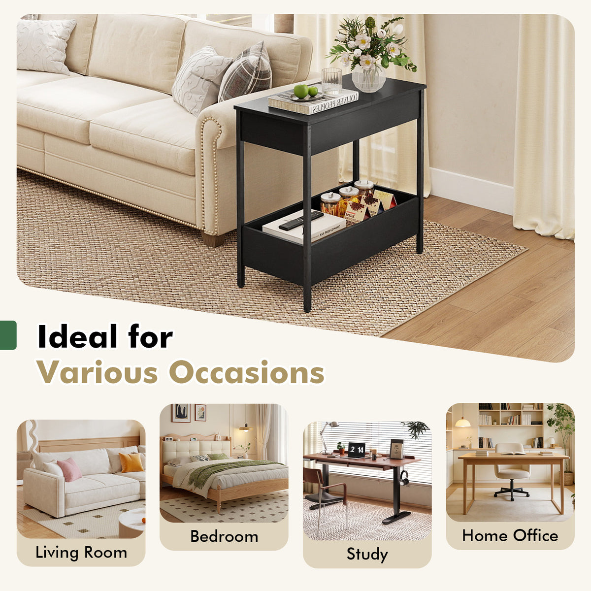 Narrow End Table with 2 Storage Shelves and 2 Removable Tabletops