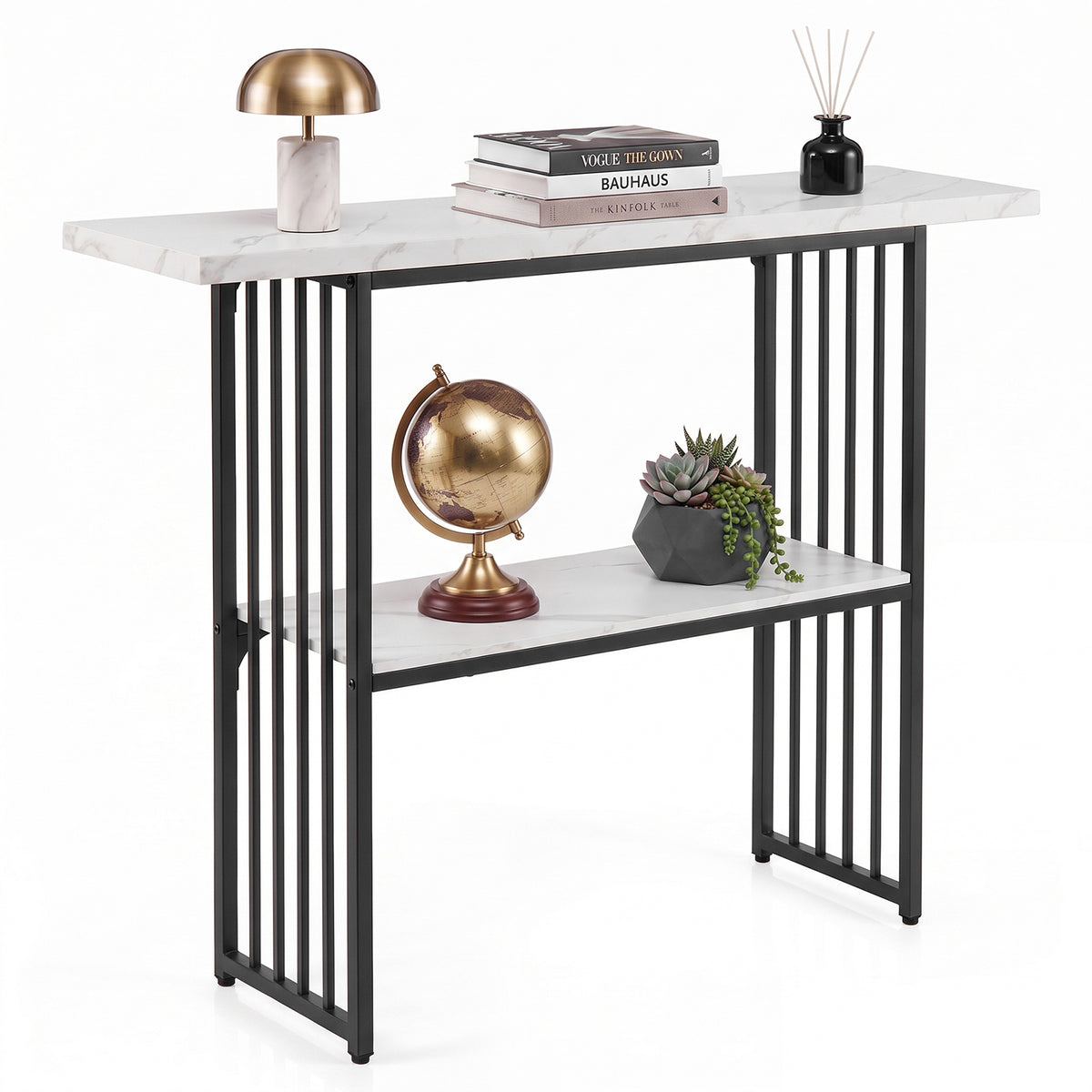 Giantex 2-Tier Console Table, White Faux Marble Sofa Table w/Open Shelf, Gold Steel Frame