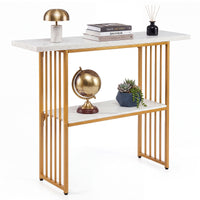 Giantex 2-Tier Console Table, White Faux Marble Sofa Table w/Open Shelf, Gold Steel Frame