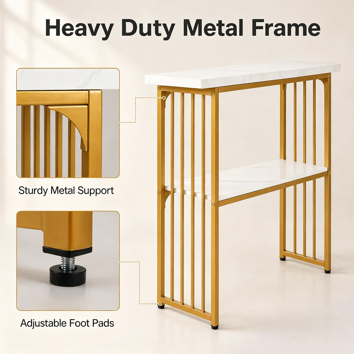 Giantex 2-Tier Console Table, White Faux Marble Sofa Table w/Open Shelf, Gold Steel Frame