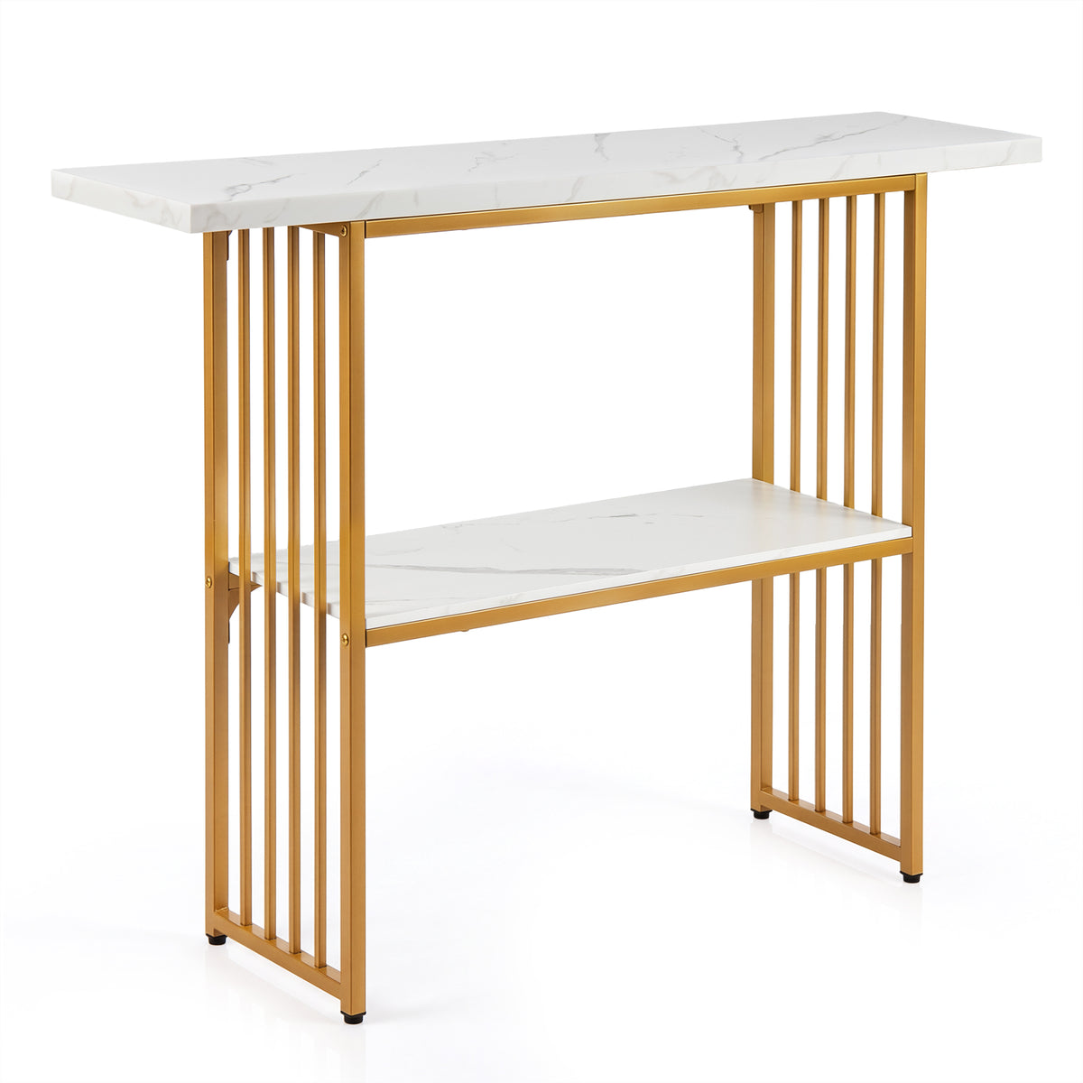 Giantex 2-Tier Console Table, White Faux Marble Sofa Table w/Open Shelf, Gold Steel Frame