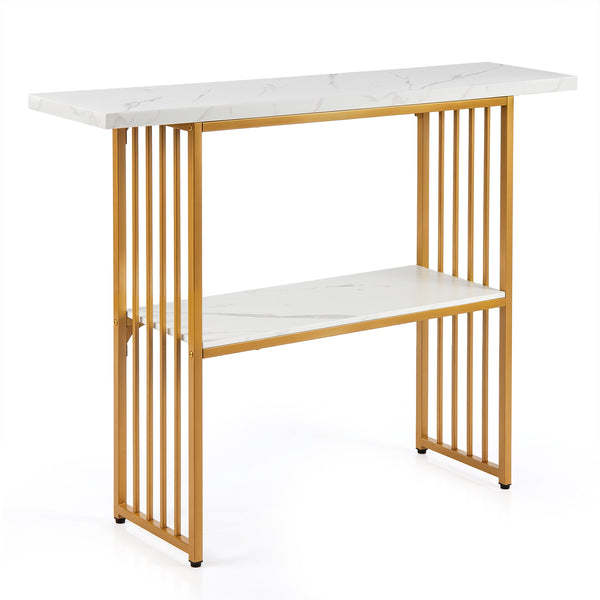 Giantex 2-Tier Console Table, White Faux Marble Sofa Table w/Open Shelf, Gold Steel Frame