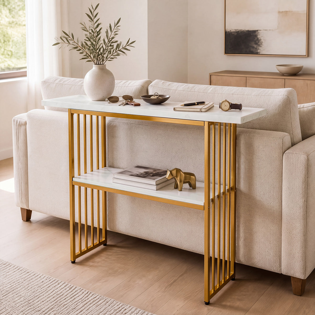 Giantex 2-Tier Console Table, White Faux Marble Sofa Table w/Open Shelf, Gold Steel Frame