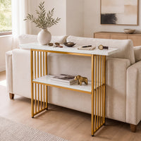 Giantex 2-Tier Console Table, White Faux Marble Sofa Table w/Open Shelf, Gold Steel Frame