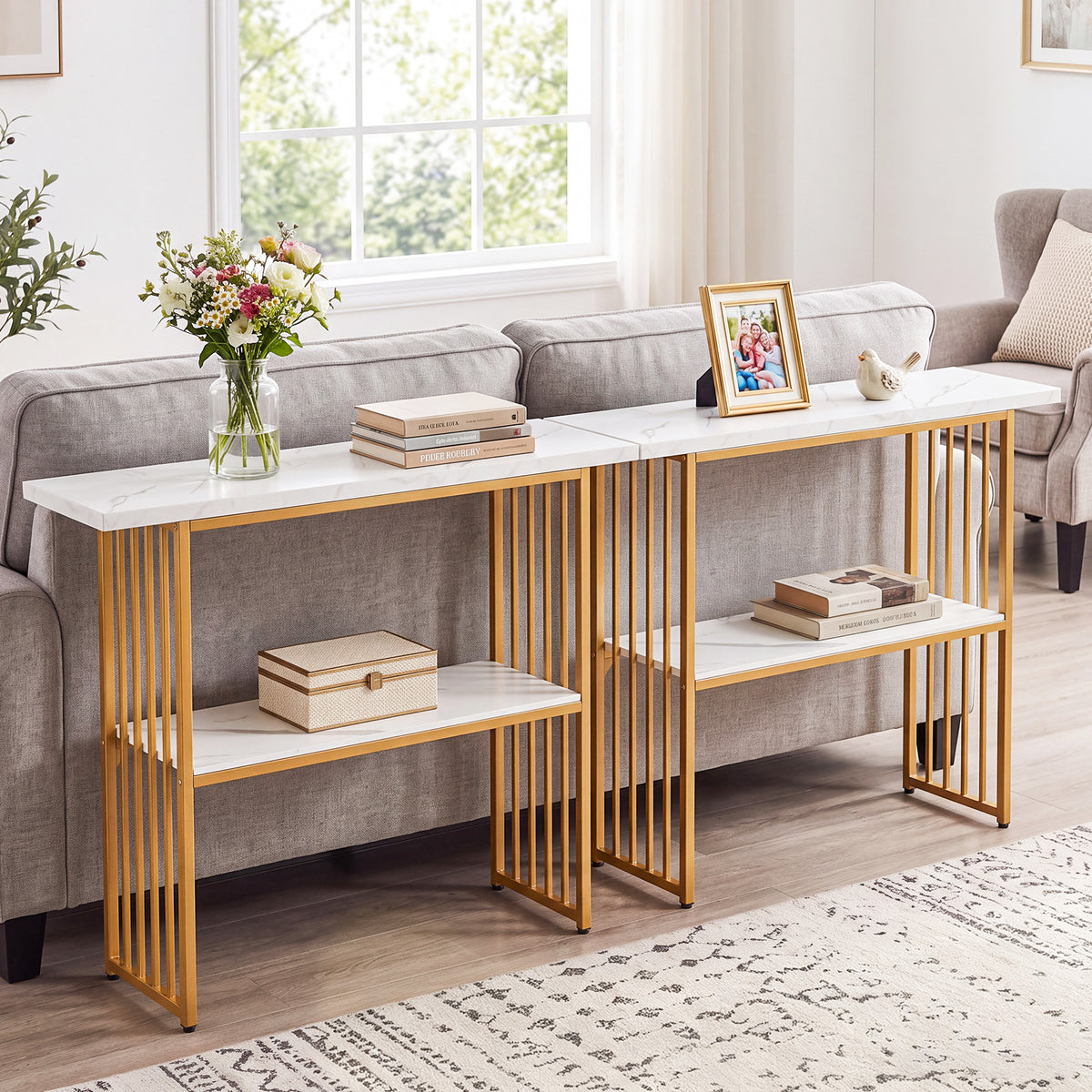 Giantex 2-Tier Console Table, White Faux Marble Sofa Table w/Open Shelf, Gold Steel Frame