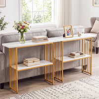 Giantex 2-Tier Console Table, White Faux Marble Sofa Table w/Open Shelf, Gold Steel Frame