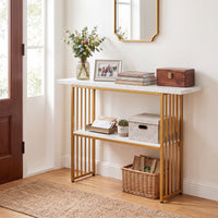 Giantex 2-Tier Console Table, White Faux Marble Sofa Table w/Open Shelf, Gold Steel Frame