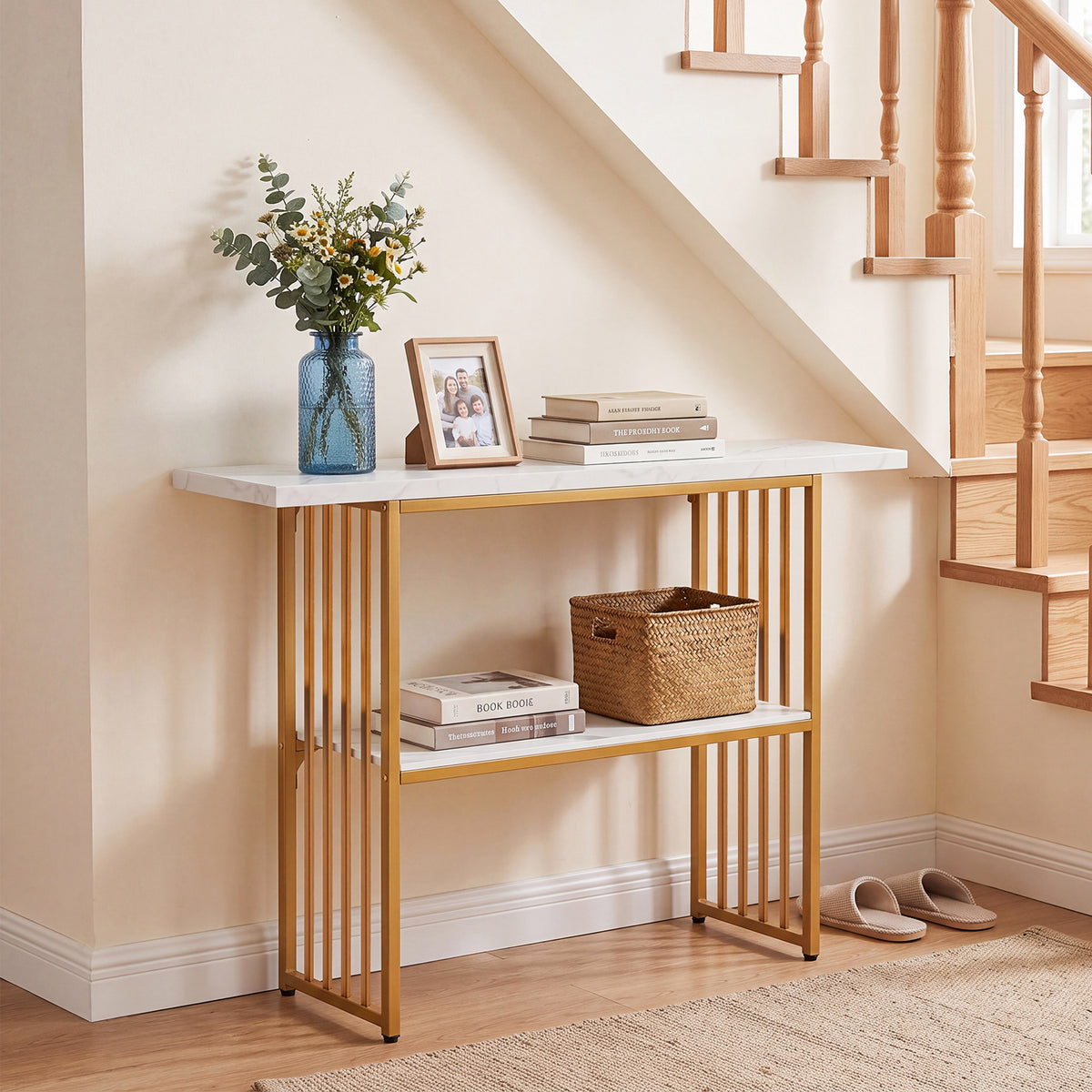 Giantex 2-Tier Console Table, White Faux Marble Sofa Table w/Open Shelf, Gold Steel Frame