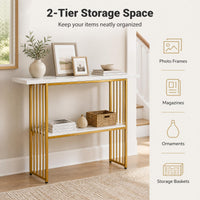 Giantex 2-Tier Console Table, White Faux Marble Sofa Table w/Open Shelf, Gold Steel Frame