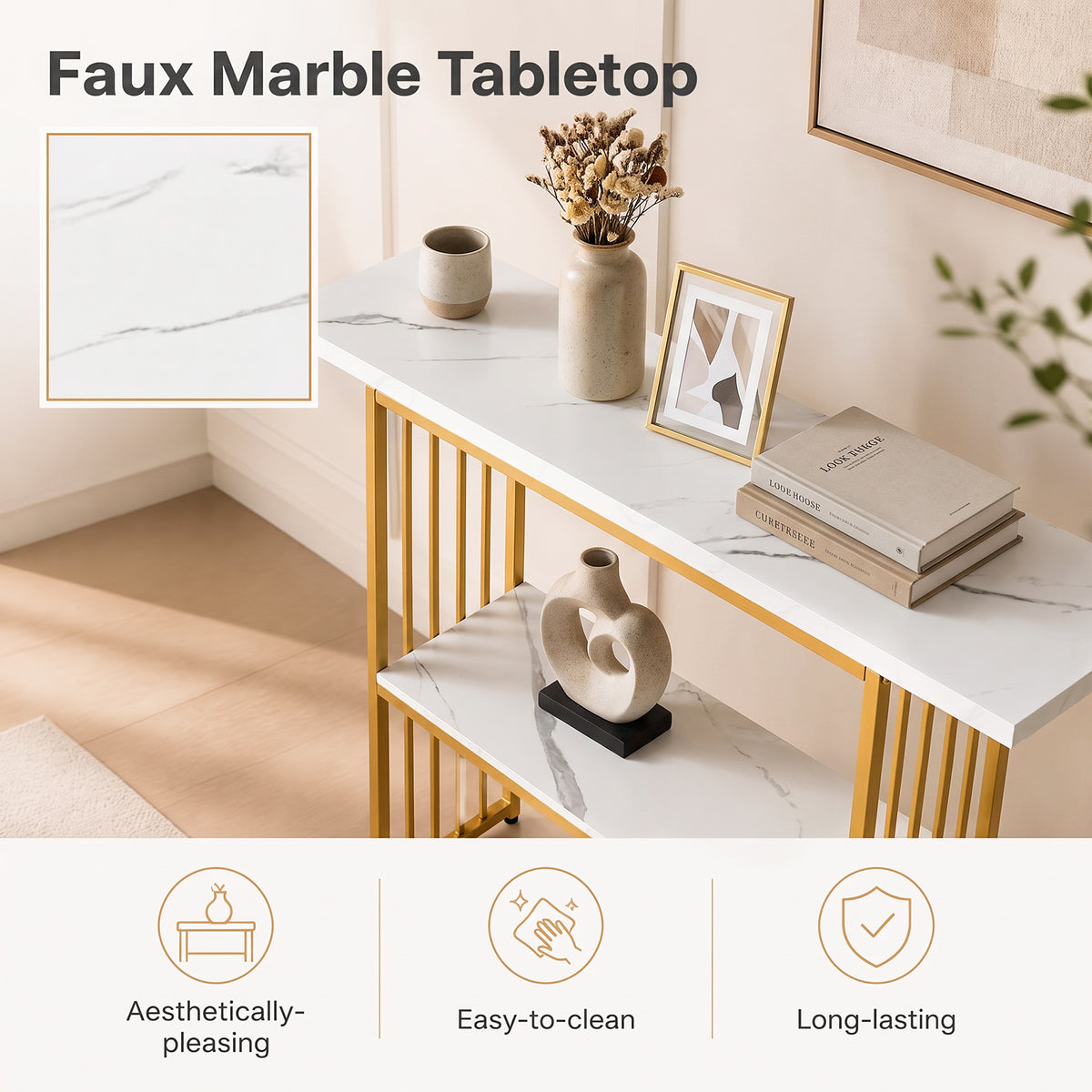 Giantex 2-Tier Console Table, White Faux Marble Sofa Table w/Open Shelf, Gold Steel Frame