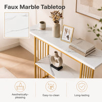 Giantex 2-Tier Console Table, White Faux Marble Sofa Table w/Open Shelf, Gold Steel Frame