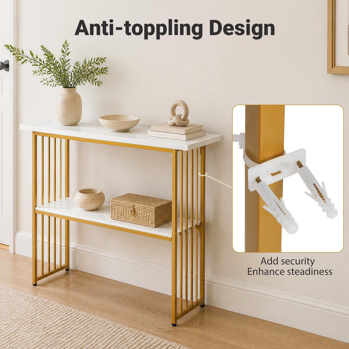 Giantex 2-Tier Console Table, White Faux Marble Sofa Table w/Open Shelf, Gold Steel Frame