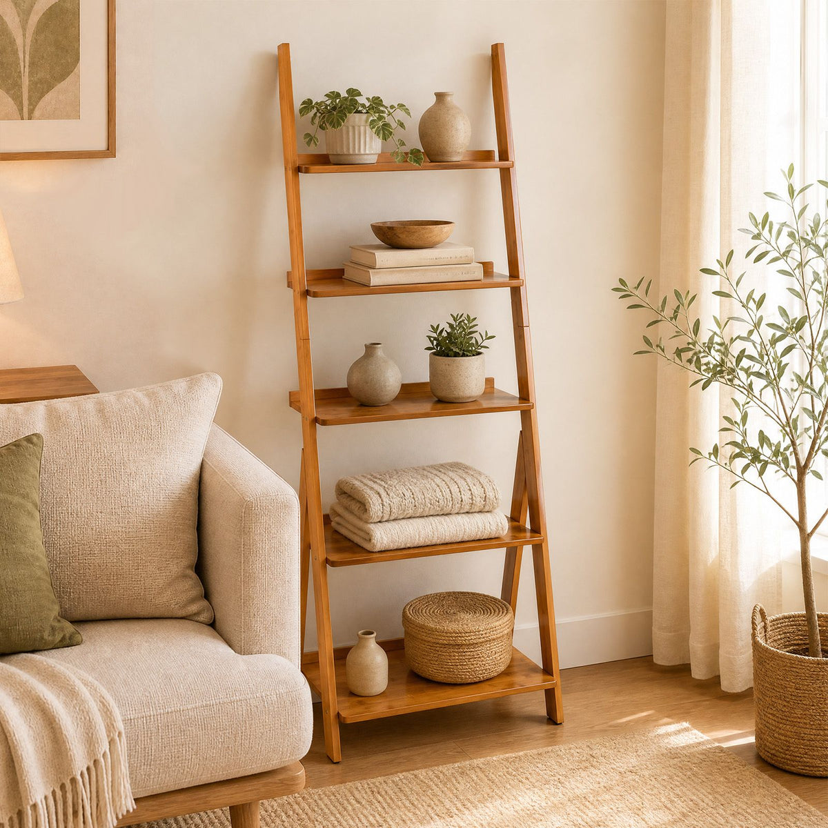 5-Tier Bamboo Ladder Shelf Bookcase for Home Office