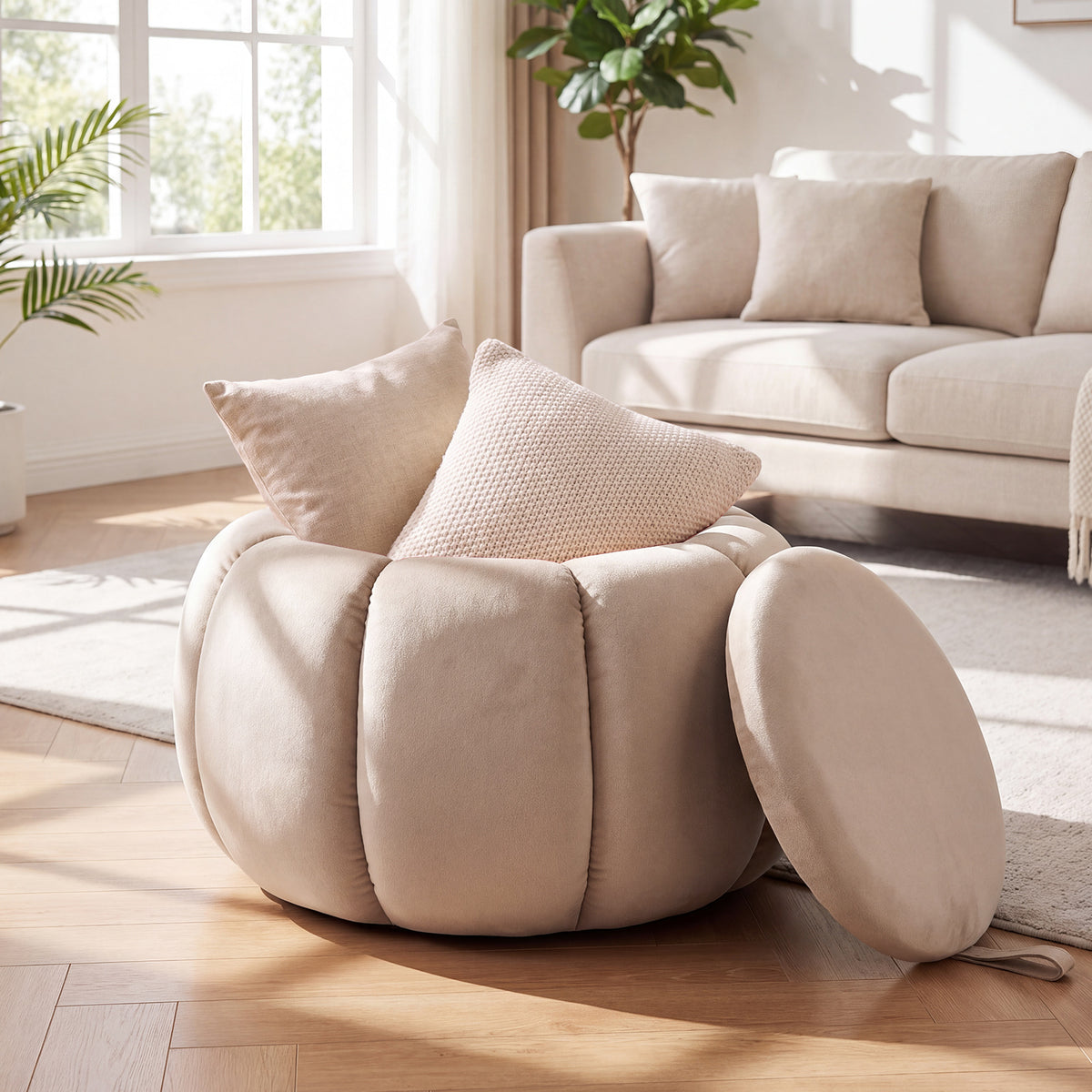 Pumpkin Ottoman with Hidden Storage and Removable Lid for Living Room