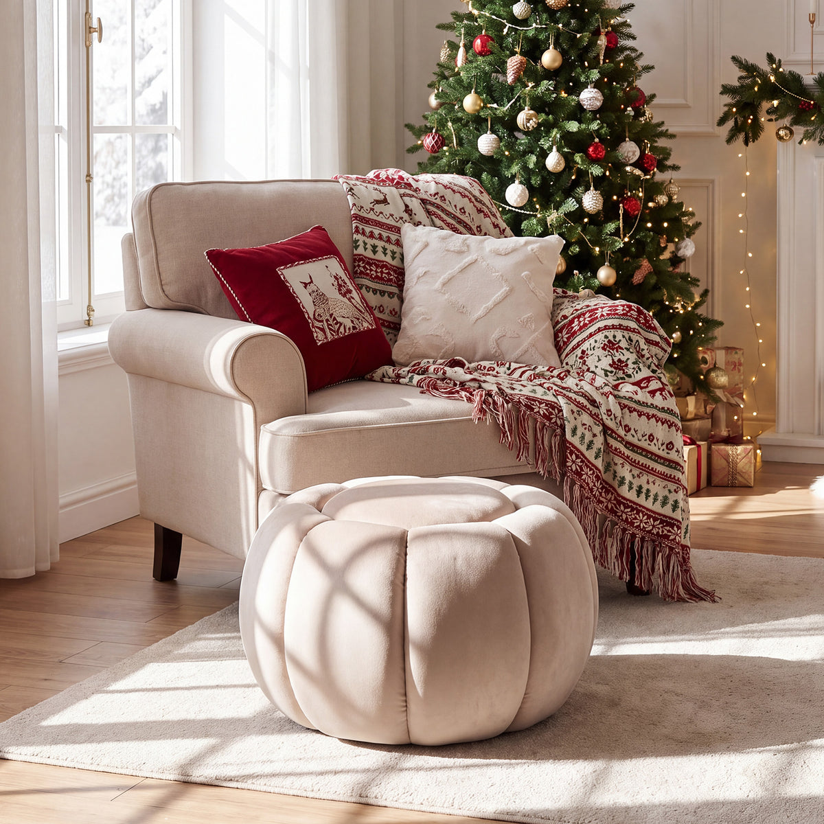 Pumpkin Ottoman with Hidden Storage and Removable Lid for Living Room
