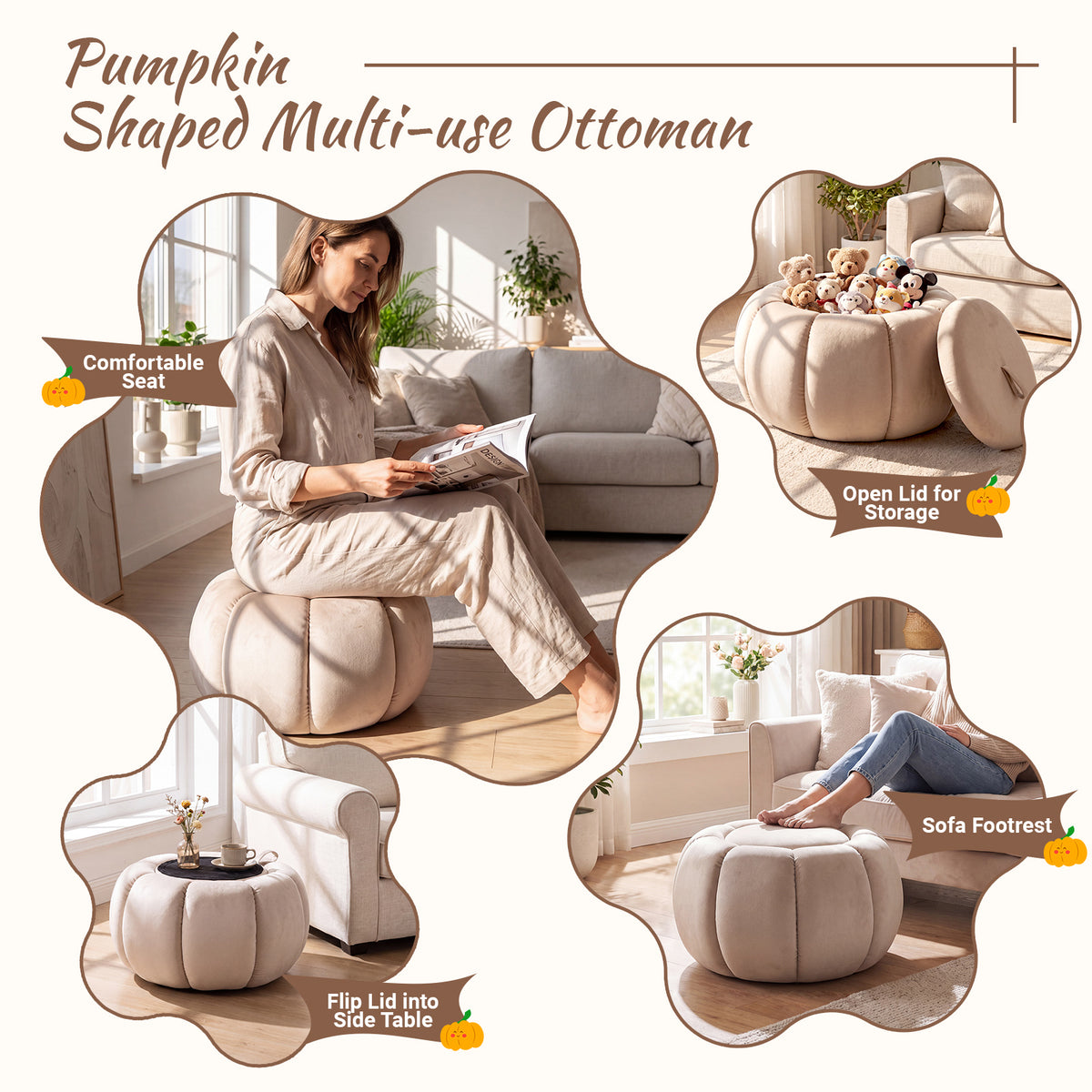 Pumpkin Ottoman with Hidden Storage and Removable Lid for Living Room