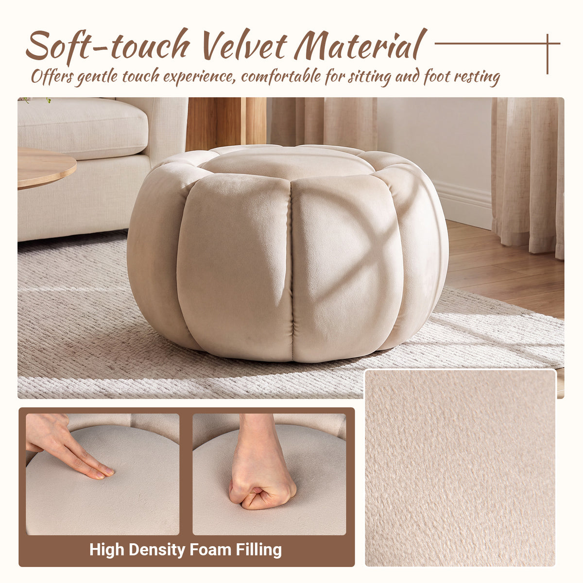 Pumpkin Ottoman with Hidden Storage and Removable Lid for Living Room