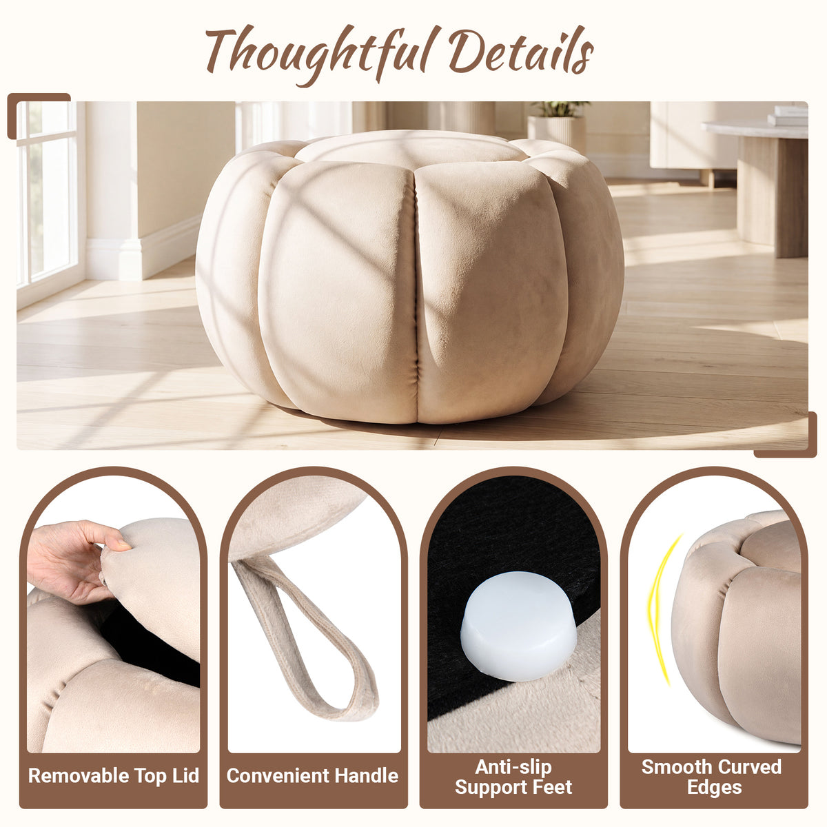Pumpkin Ottoman with Hidden Storage and Removable Lid for Living Room