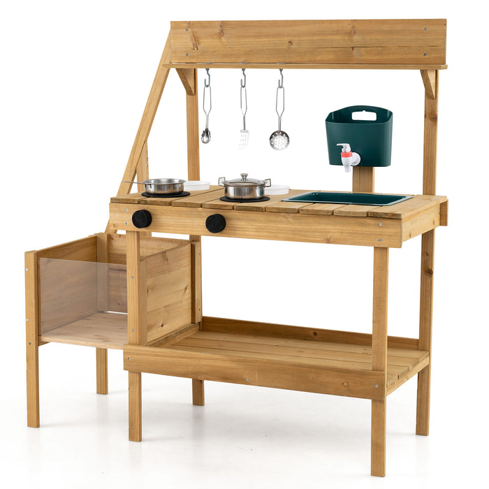 Kids Mud Kitchen, Wooden Play Kitchen with Planter Box, Stoves, Water Tank, Sink & 9 Accessories, Outdoor Pretend Kitchen Playset for Toddlers Aged 3+