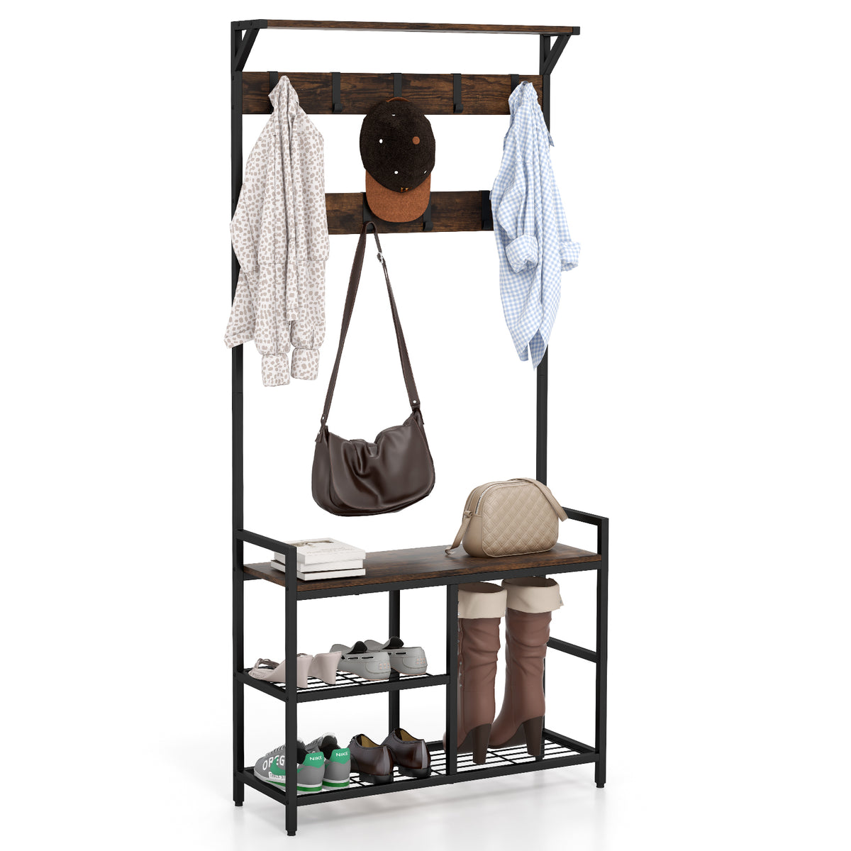 Giantex 3-in-1 Coat Rack, Industrial Hall Tree with Shoe Bench
