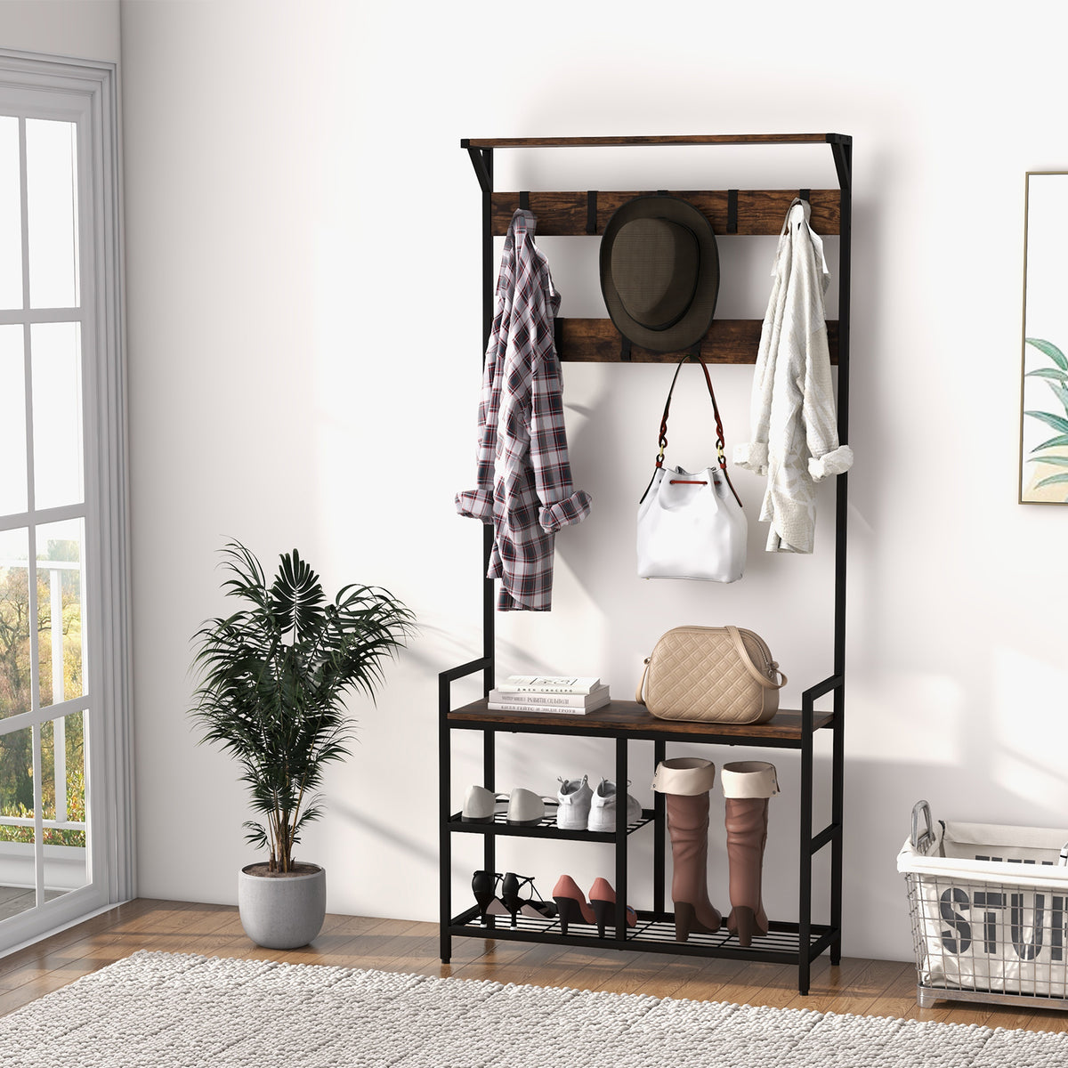 Giantex 3-in-1 Coat Rack, Industrial Hall Tree with Shoe Bench