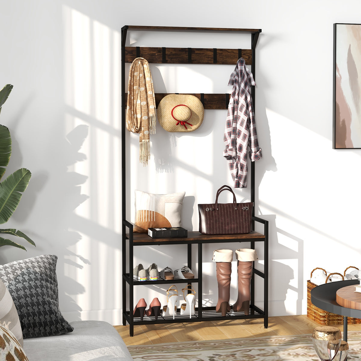 Giantex 3-in-1 Coat Rack, Industrial Hall Tree with Shoe Bench