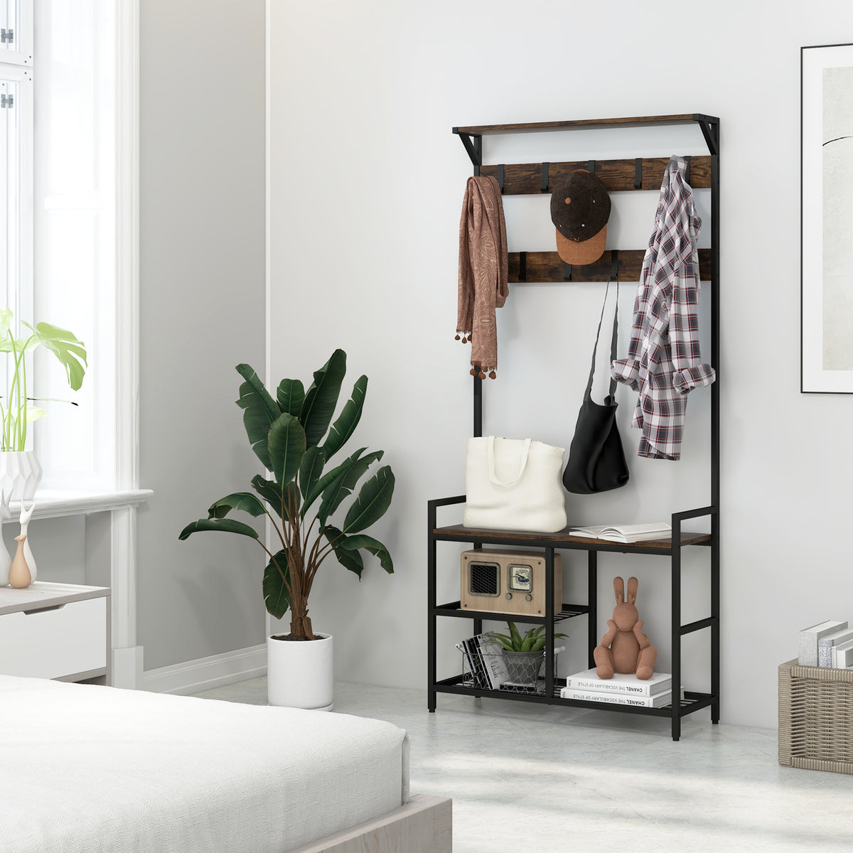 Giantex 3-in-1 Coat Rack, Industrial Hall Tree with Shoe Bench