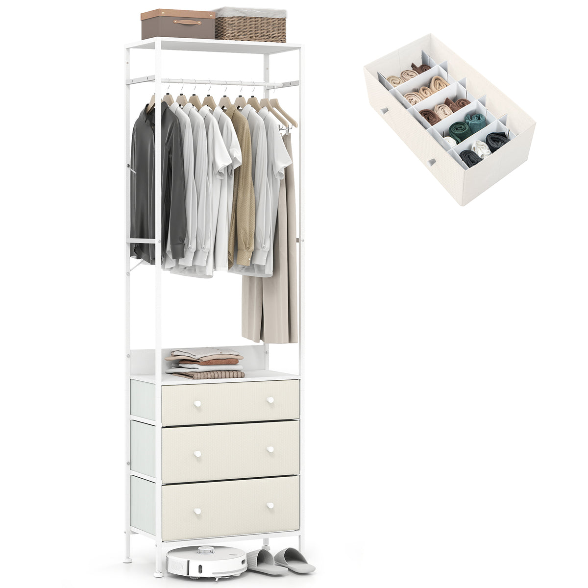Clothes Rack with Drawers Closet Organizer w/ Hanging Rod & Storage Shelves