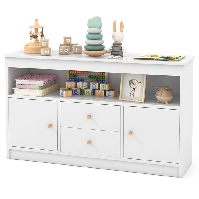 Toy Storage Organiser for Kids, Storage Chest with 2 Drawers, 2 Closed Cabinets and 1 Open Compartment for Books and Dolls