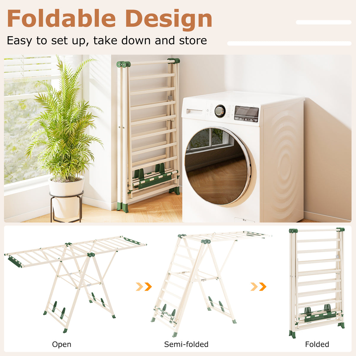 Foldable Metal Laundry Drying Rack with Height Adjustable Wings, 20 Drying Rails