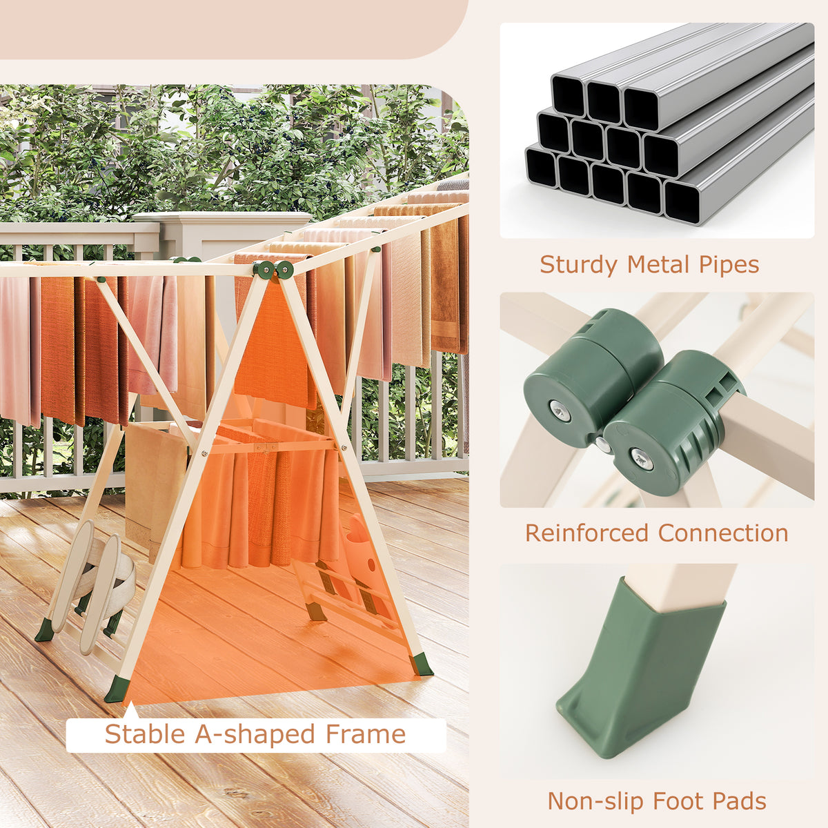 Foldable Metal Laundry Drying Rack with Height Adjustable Wings, 20 Drying Rails