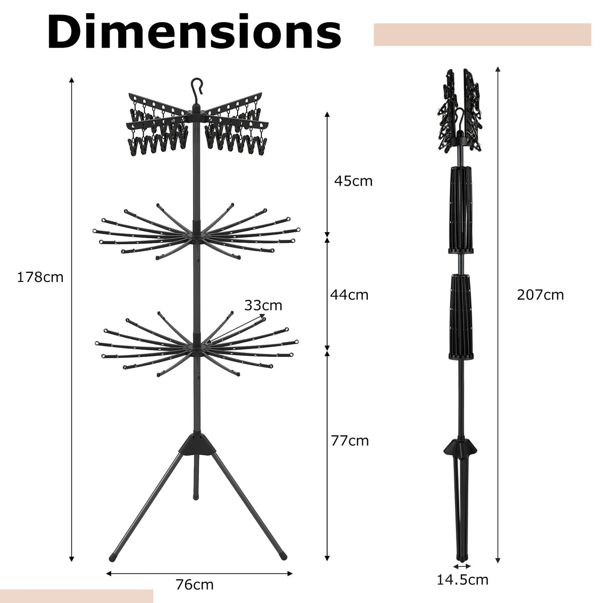 3-Tier Folding Clothes Drying Rack, 178 cm Freestanding Tripod Laundry Drying Rack