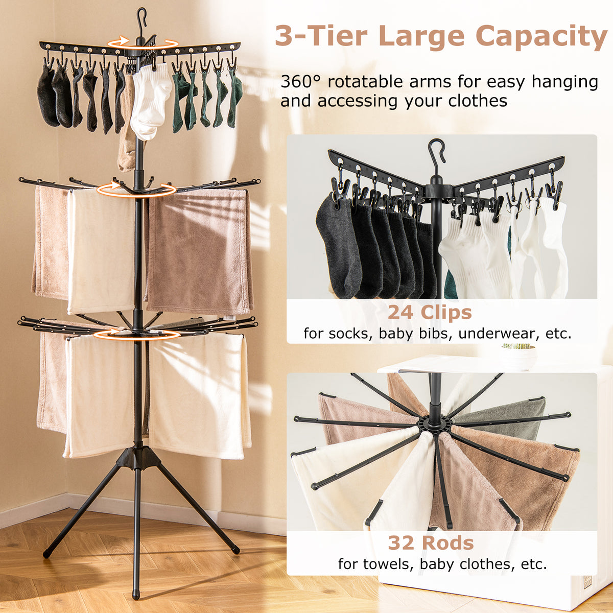 3-Tier Folding Clothes Drying Rack, 178 cm Freestanding Tripod Laundry Drying Rack