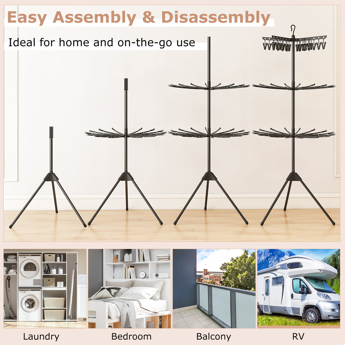 3-Tier Folding Clothes Drying Rack, 178 cm Freestanding Tripod Laundry Drying Rack