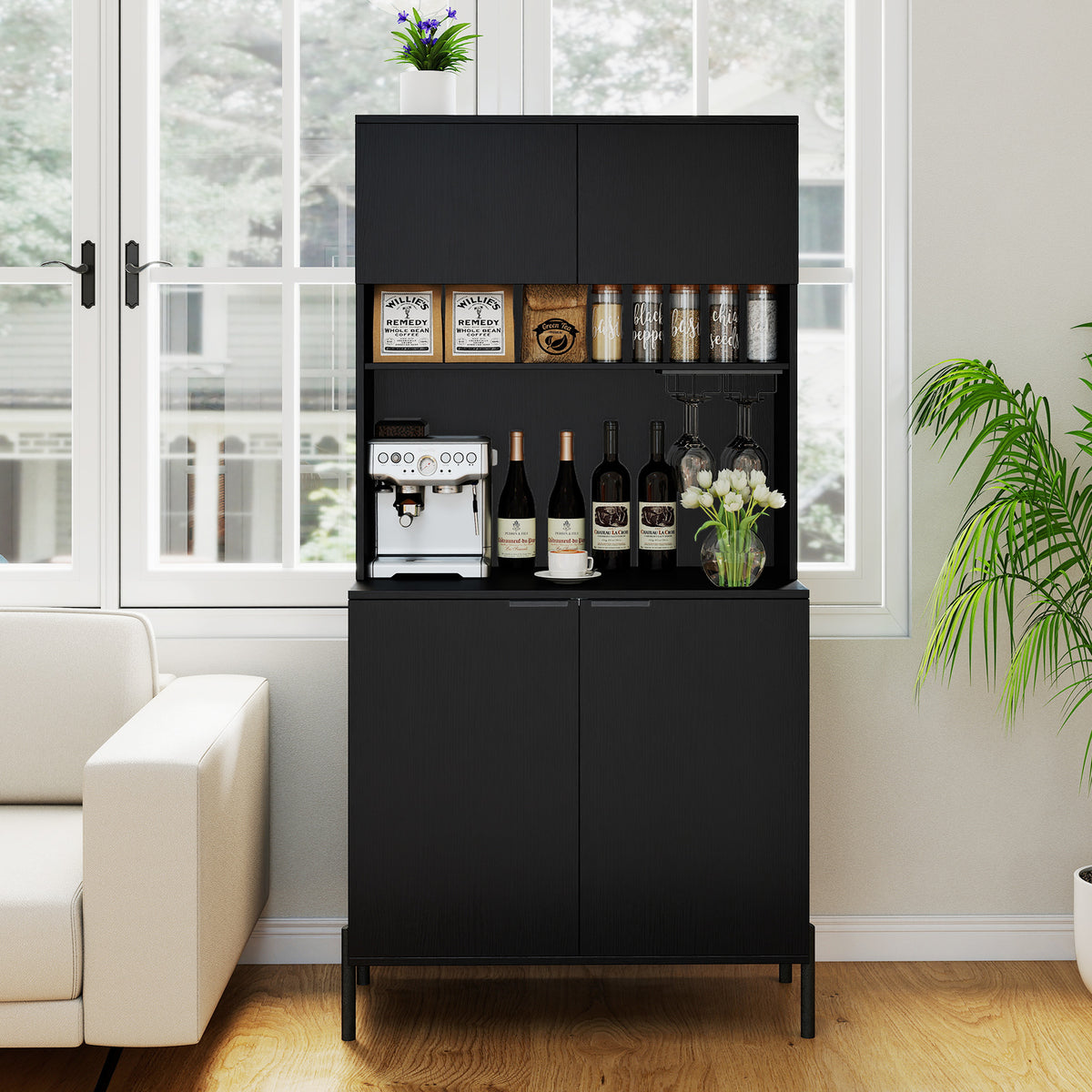 Kitchen Pantry Cabinet with Charging Station, 164 cm Tall Wine Bar Cabinet