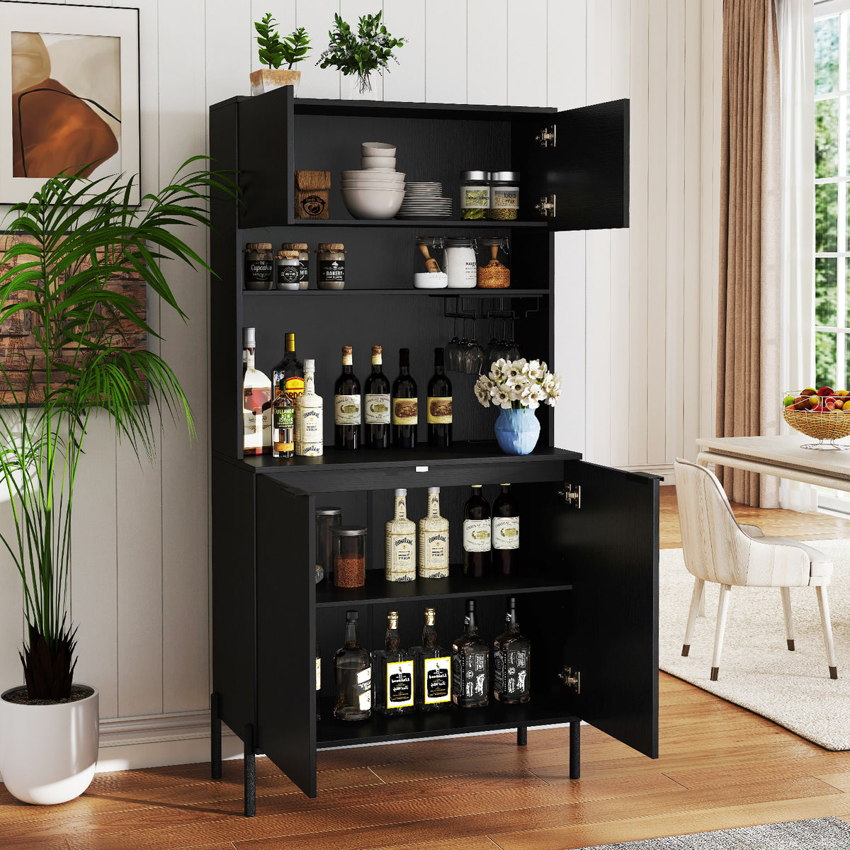 Kitchen Pantry Cabinet with Charging Station, 164 cm Tall Wine Bar Cabinet