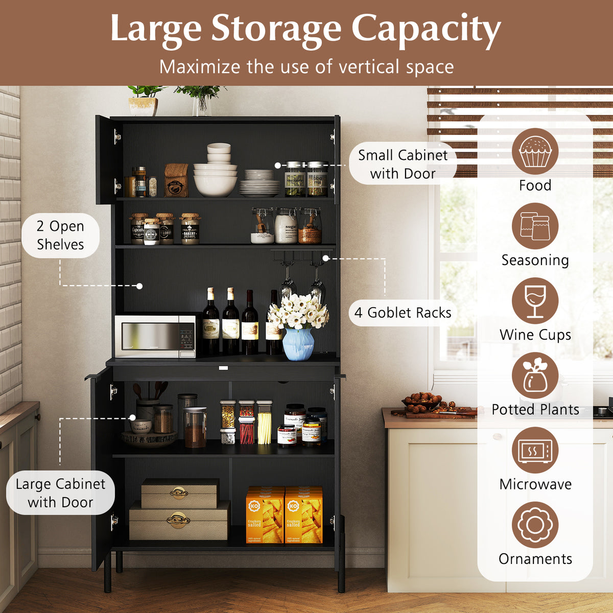 Kitchen Pantry Cabinet with Charging Station, 164 cm Tall Wine Bar Cabinet
