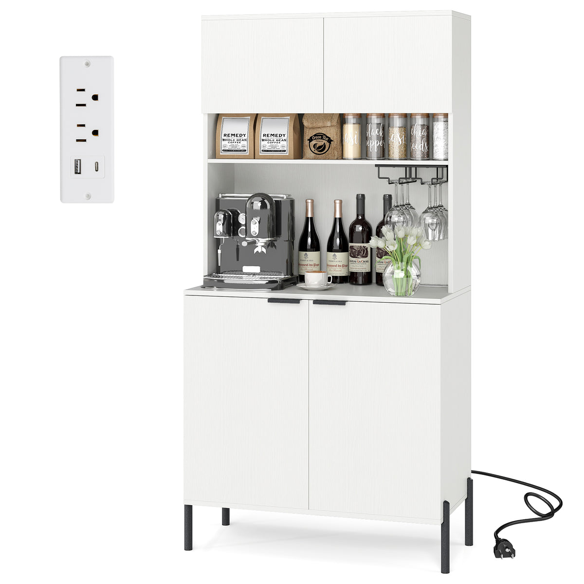 Kitchen Pantry Cabinet with Charging Station, 164 cm Tall Wine Bar Cabinet